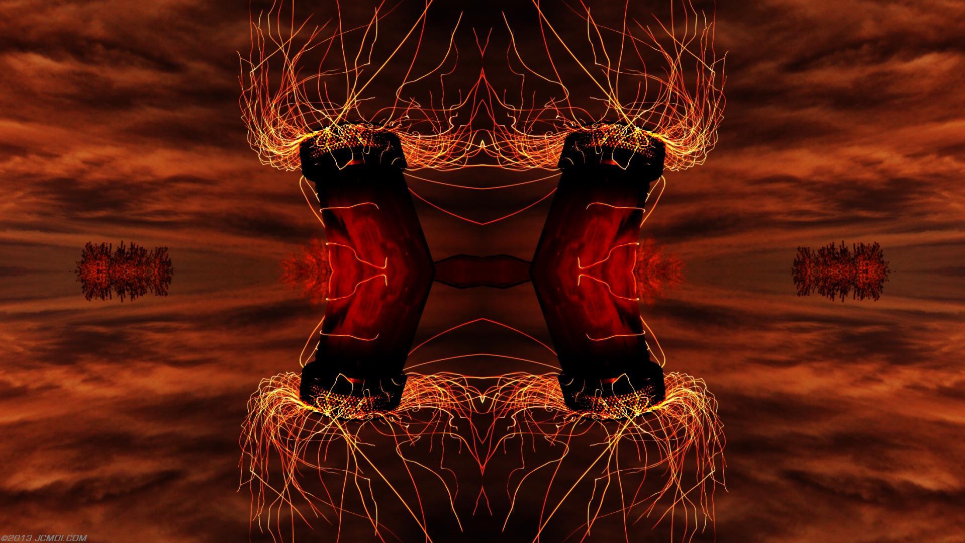 Quadroscopic composite trails: Zoomed 5D clouds moon chimney sparks and stars